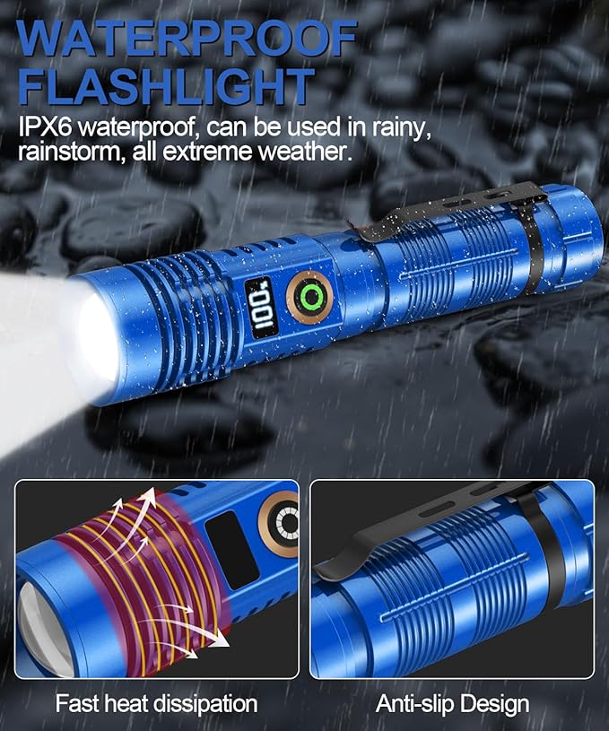 Rechargeable Flashlight High Lumens-12000LM Super Bright Magnetic Flash Light with Power Digital Display,3280Ft Long Range,Dimmable,Waterproof,Pocket LED Flashlights for Emergency Camping 2PC Blue