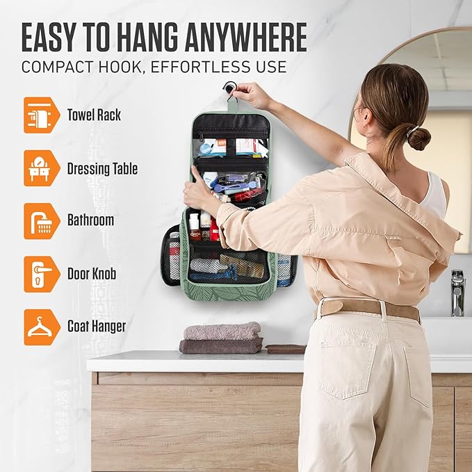 VENTURE 4TH Hanging Travel Toiletry Bag for Women & Men - Travel Organizer with Expandable Compartments & Removable Clear Pouch for Toiletries (Green Leaves)