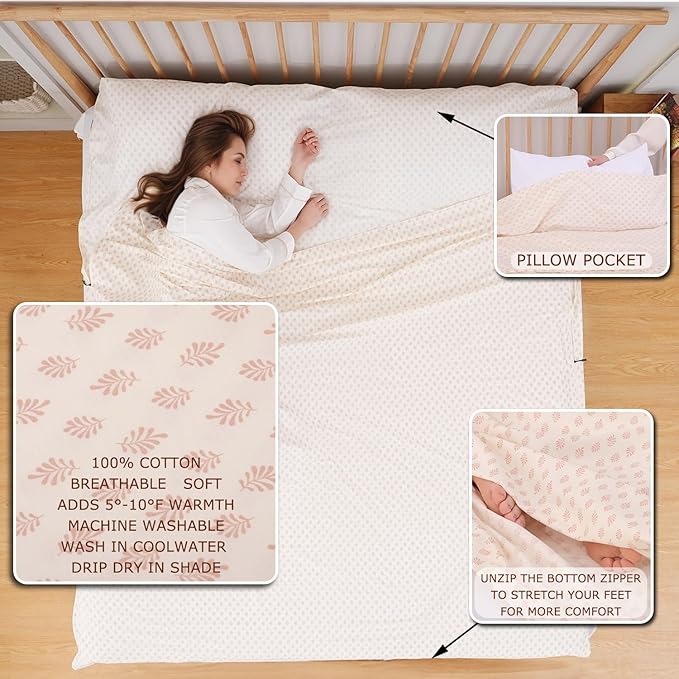 100% Cotton Sleeping Bag Liner with Full Length Zipper on 3 Sides; Single/Double Adult Sleep Sack for Travel & Camping, Multifunctional Travel Sheets (Unzipped 87”x87”) for Hotel, Lightweight