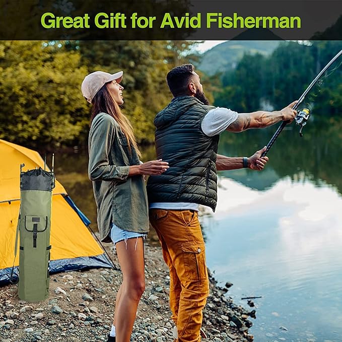 DONQL Fishing Rod Bags - Outdoor Pole Holders, Multifunction Camping Portable Canvas Backpack Case - Fish Rod Storage Bag Holding 5 Poles & Tackles (Dark Green)