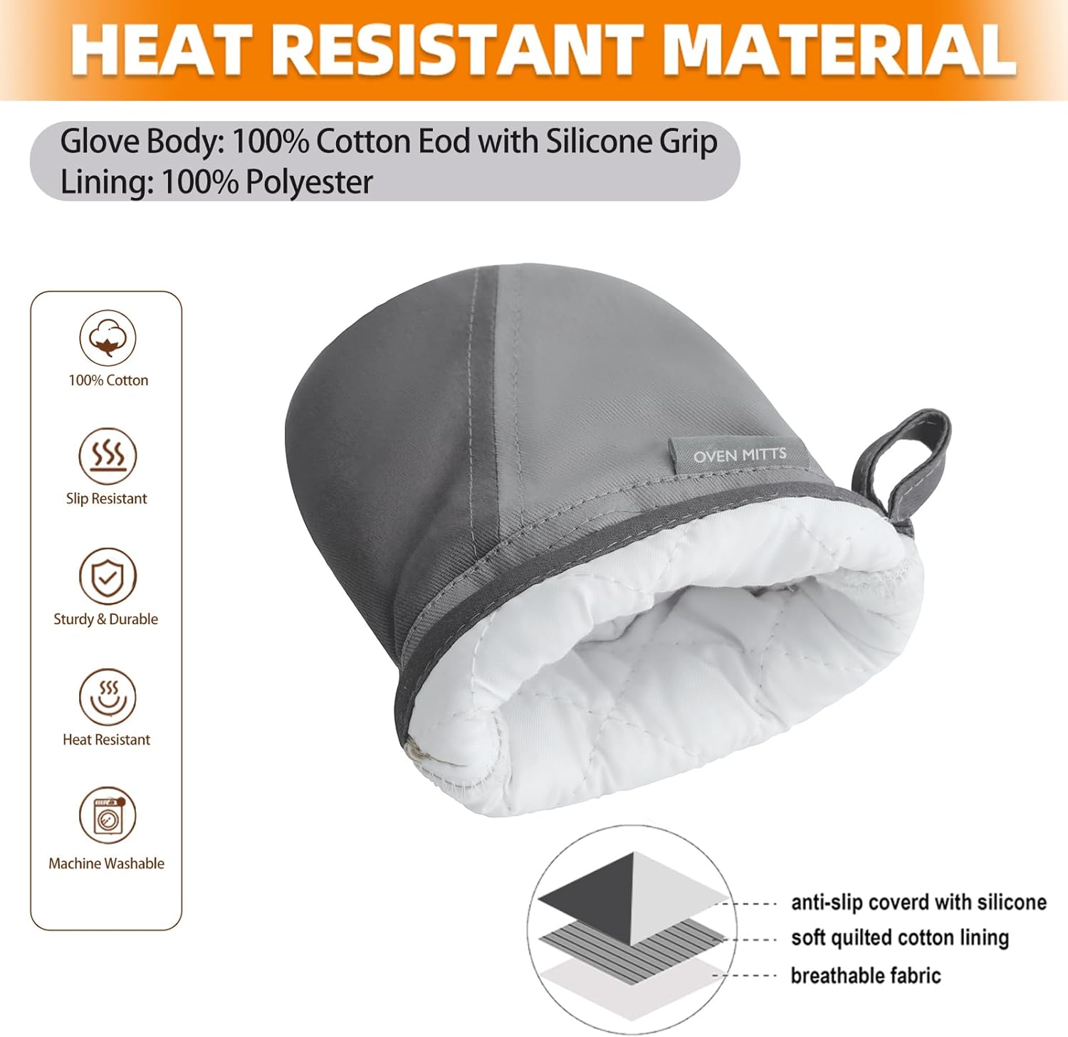 Mini Oven Mitts, Kitchen Oven Gloves Kitchen Mittens 500 Degrees Heat Resistant Baking Gloves, Non-Slip Silicone Surface with Hanging Loops Hot Gloves for Cooking, Baking, BBQ 1 Pair-Gray