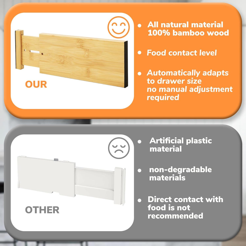 BAMEOS 4" High Bamboo Drawer Dividers - Adjustable Small Drawer Organizer - Kitchen, Dresser, Bathroom, Bedroom & Office - 4-pack