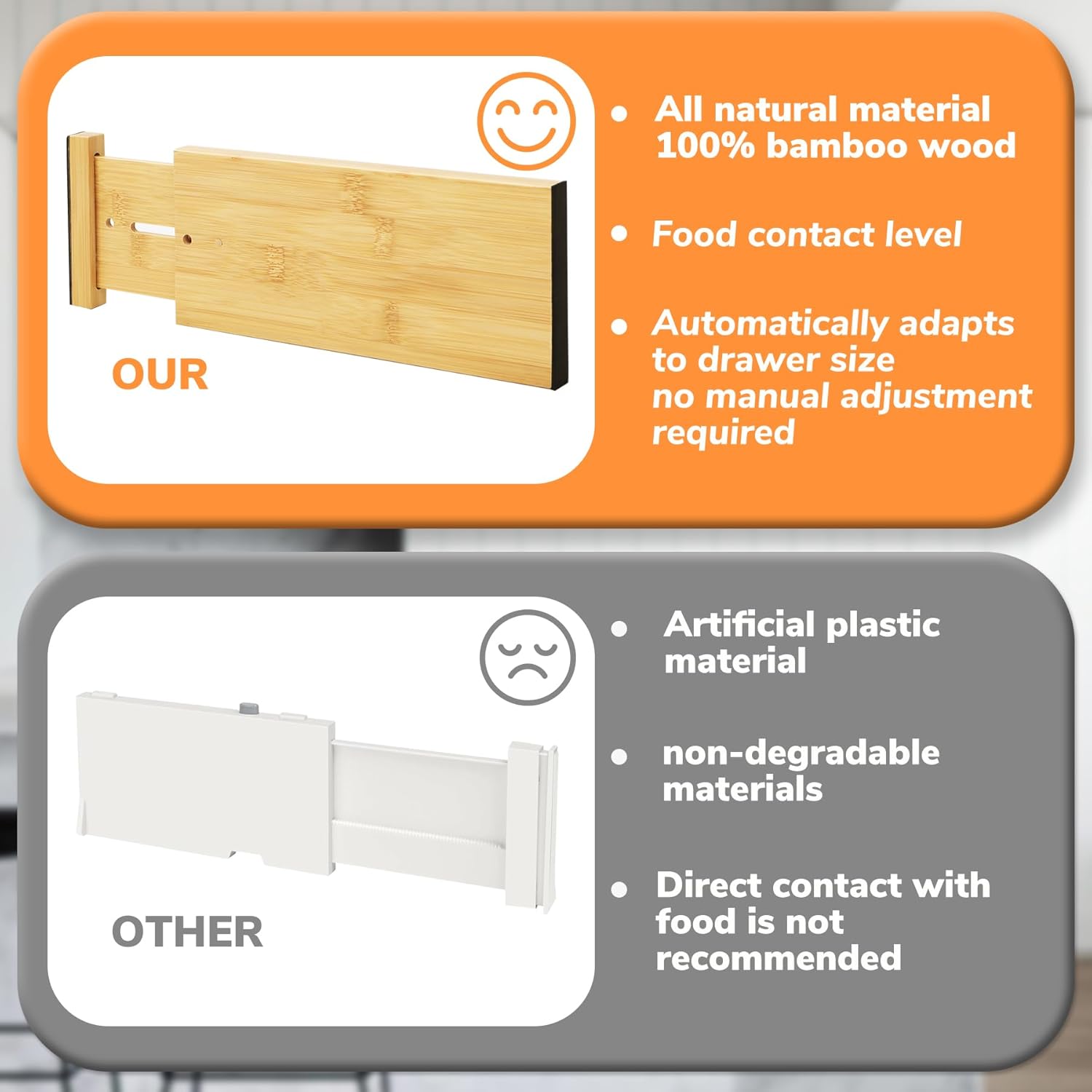 BAMEOS 4" High Bamboo Drawer Dividers - Adjustable Small Drawer Organizer - Kitchen, Dresser, Bathroom, Bedroom & Office - 4-pack