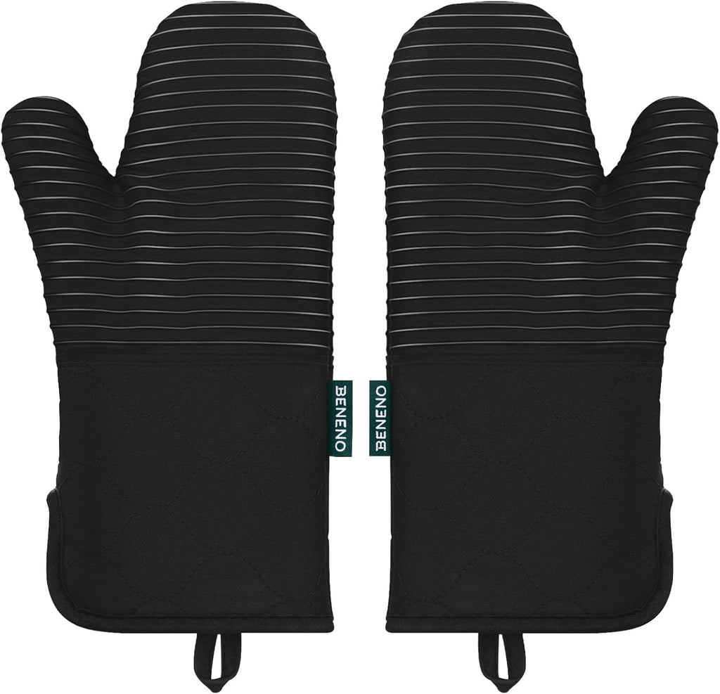 Beneno Kitchen Oven Mitts 2-Pack Heat Resistant to 500°F with Non-Slip Silicone Grip, Extra Long 14.3" Forearm Protection, Soft Quilted Cotton Terry Lining, Ideal for Cooking, Baking, Grilling, Black