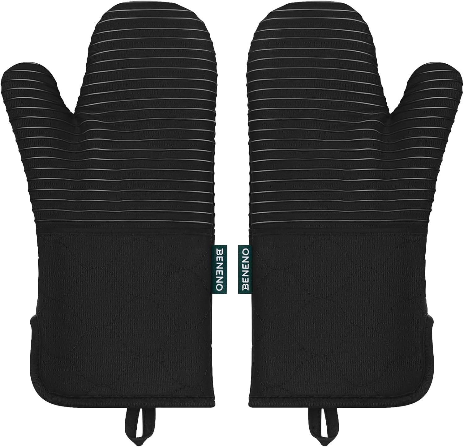 Beneno Kitchen Oven Mitts 2-Pack Heat Resistant to 500°F with Non-Slip Silicone Grip, Extra Long 14.3" Forearm Protection, Soft Quilted Cotton Terry Lining, Ideal for Cooking, Baking, Grilling, Black