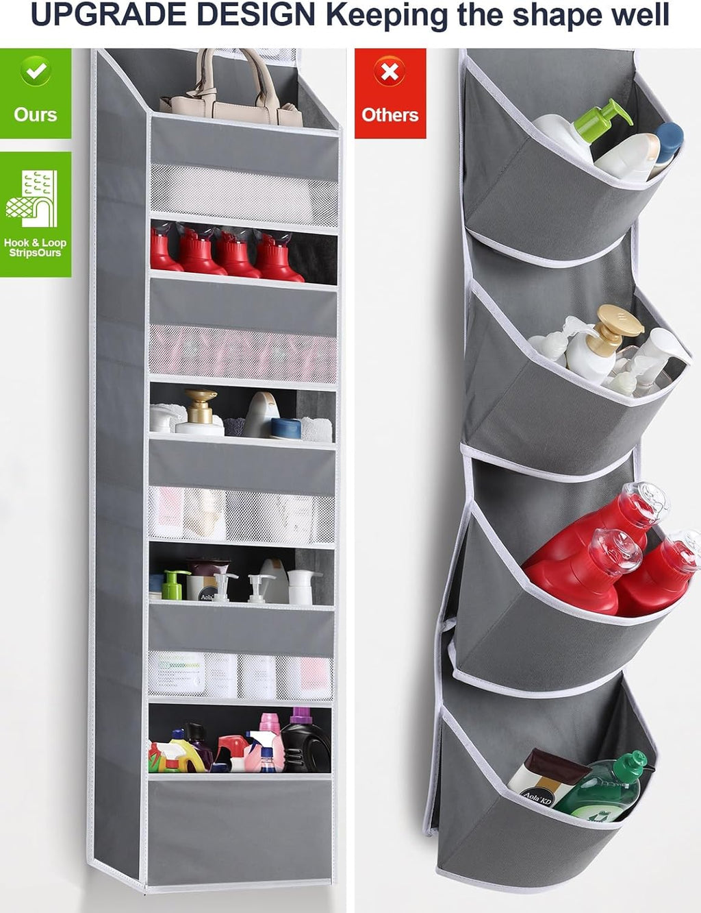 Over the Door Organizers - 6 Shelf Hanging Door Organizer with Large Pockets, Anti Tilt 44 lb Load Behind Door Organizer for Bedroom,Nursery,Bathroom,Kitchen,Dorm,Shoe - 1 Pack,Grey