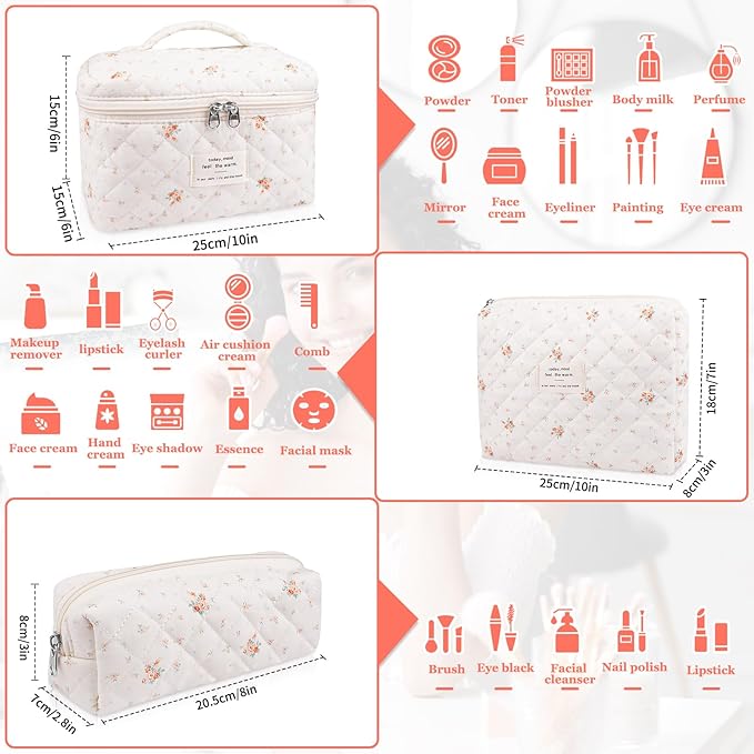 Makeup Bag Set, Quilted Makeup Bag, Large Floral Cosmetic Bag for Women, Cute Cotton Makeup Bags, Flower Travel Toiletry Organizer Bag (Rose Plaid Pattern)