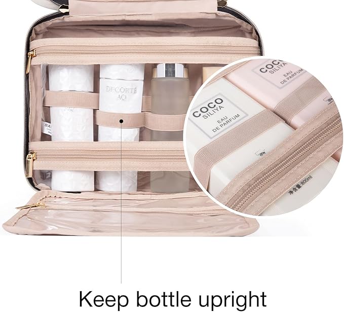 BAGSMART Toiletry Bag Travel Bag with Hanging Hook, Water-resistant Makeup Cosmetic Bag Travel Organizer for Accessories, Shampoo, Full-size Container, Toiletries (Light Pink, Medium)