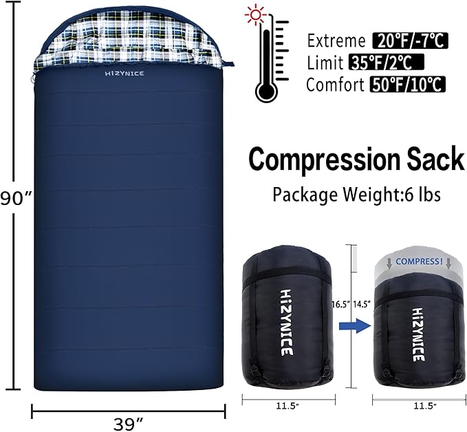 0 Degree Sleeping Bag 100% Cotton Flannel XXL for Adults Big and Tall Cold Weather Winter Zero Degree Camping,Free Compression Sack