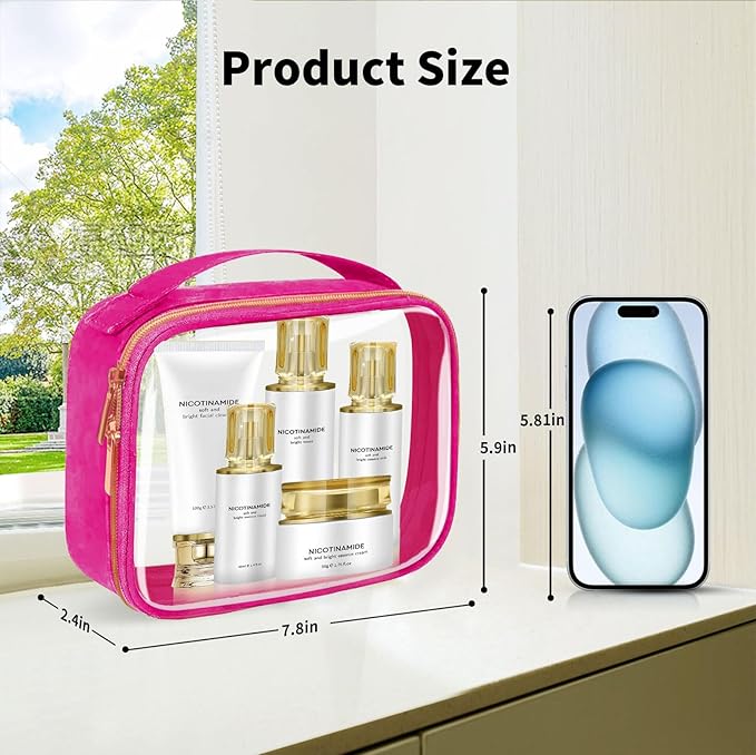 TSA Approved Travel Toiletry Bag,2 Pack Clear Makeup Bags with Handles,Quart Size Clear Cosmetic Bags for Traveling Women,Men,Carry on Airport Airline Compliant Bag,Rose Red