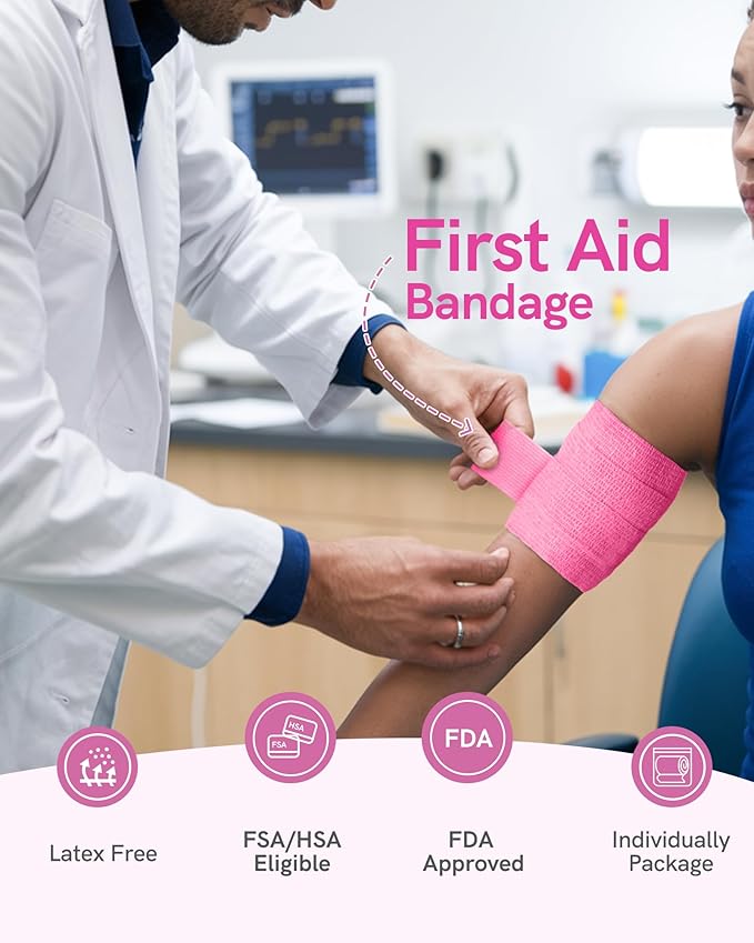 FriCARE Self Adhesive Bandage Wrap, Medical Tape in First Aid Kit, Cohesive Bandages for Wounds Sport Vet, FSA/HSA Eligible, 2 Inches X 5 Yards 6 Rolls, Fluorescent Color