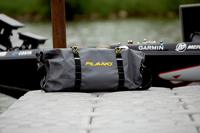 Plano Z-Series Roll-Top Waterproof Duffel with Backpack Straps, Gray with Yellow Accents, 500D PVC Fabric Fishing Dry Bag, Soft Fishing Duffel Bag Storage