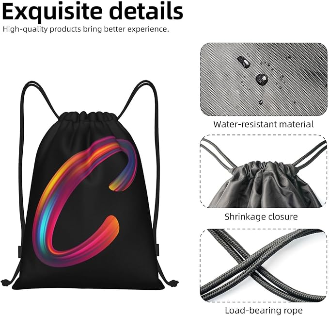 Drawstring Bags Initial Drawstring Backpack Sackpack Black Draw String Cinch Bags for Sports, Gym, Travel, Swimming, Beach, Camping, Rainbow Letter C
