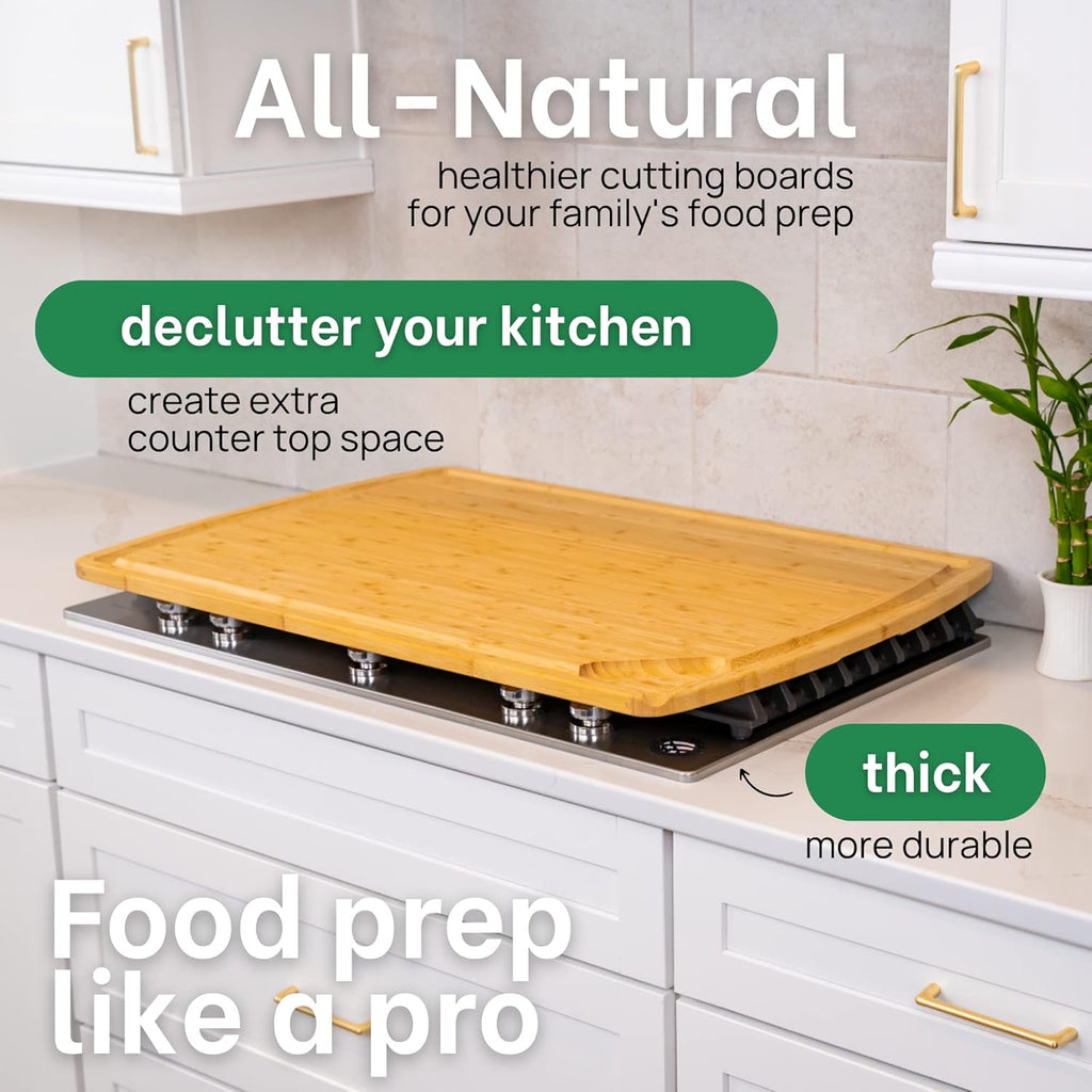 GREENER CHEF 30 Inch 3XL Extra Large Cutting Board with Lifetime Replacements - Oversized Bamboo Stove Top Cover Noodle Board - Wooden Meat Cutting Board - Turkey Carving Board - Charcuterie Board
