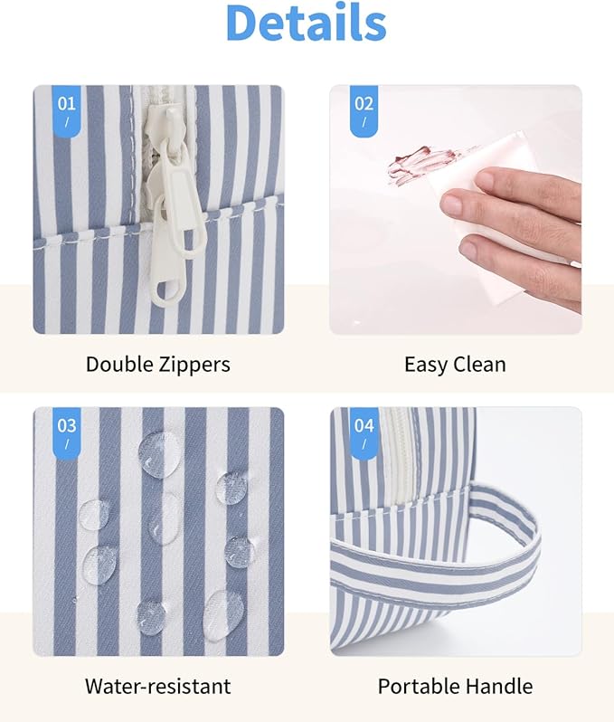 Narwey Striped Clear Makeup Bag Cosmetic Bag with Zipper for Travel, Clear Toiletry Bags for Traveling Toiletries Women Men, Make Up Pouch with Handle, Skincare Bag (Greyish Blue Stripe)