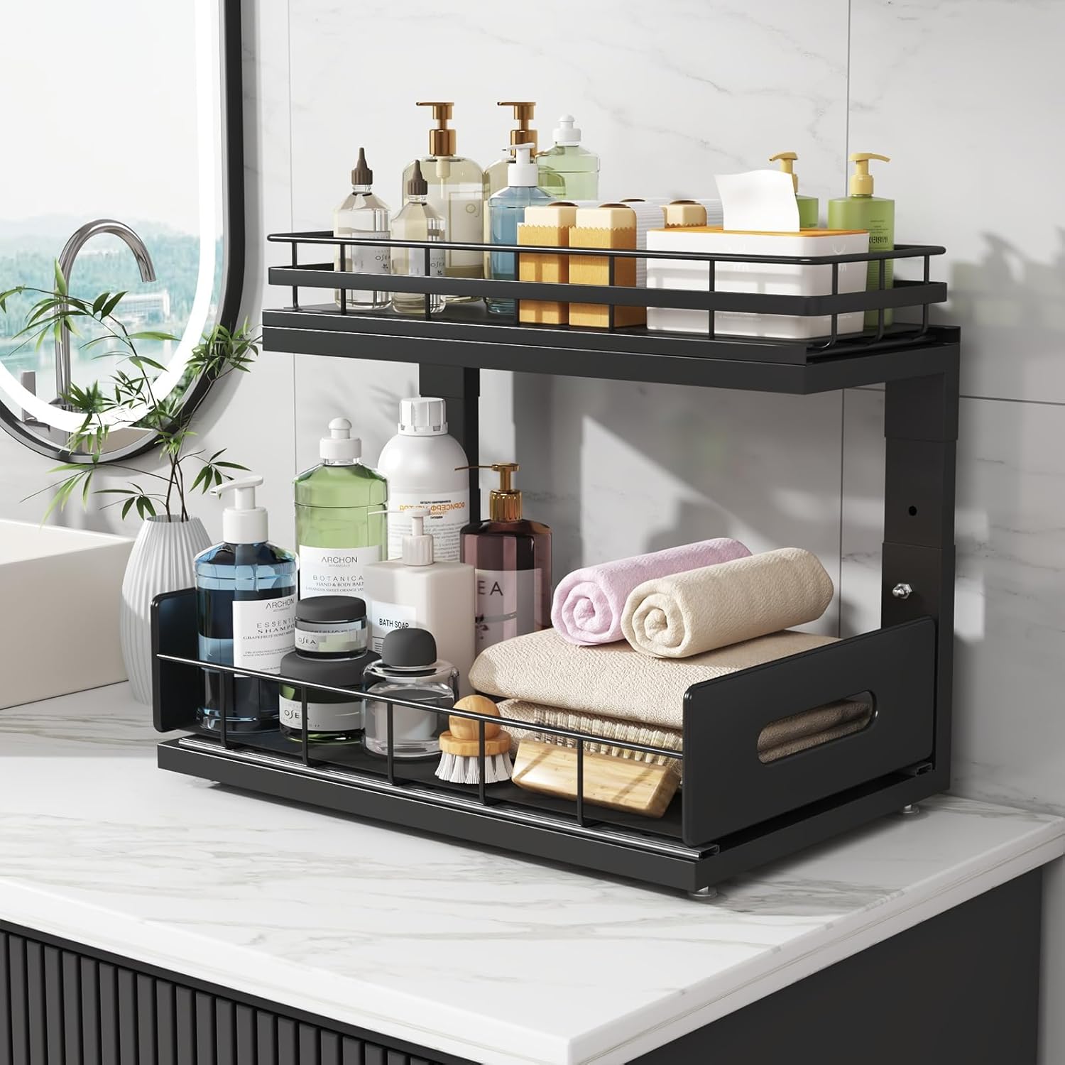 2 Pack Under Sink Organizer Upgrade To Professional Rails,2-Tier Dual Pull Out Cabinet Storage,Height Adjustable Slide Out Drawers For Bathroom Kitchen,Under Sink Shelf (Patent Registered)