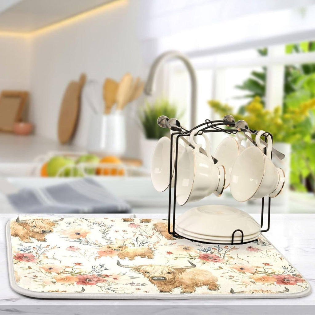 Cute Highland Cows Flowers Dish Drying Mat for Kitchen Counter Absorbent Microfiber Drying Pad, Medium 16x18 in, Reversible Drainer Mats