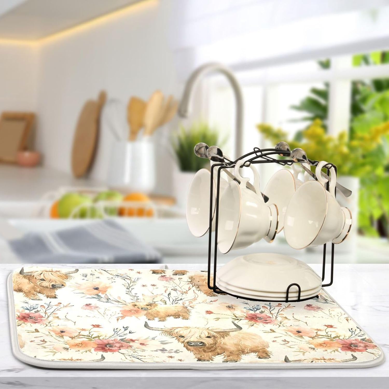 Cute Highland Cows Flowers Dish Drying Mat for Kitchen Counter Absorbent Microfiber Drying Pad, Medium 16x18 in, Reversible Drainer Mats