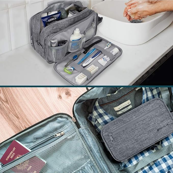 PAVILIA Toiletry Bag for Men, Travel Toiletries Bag | Water-resistant Dopp Kit, PU Leather Shaving Pouch Organizer for Accessories, Cosmetic, Hygiene, Grooming Essentials (Black)