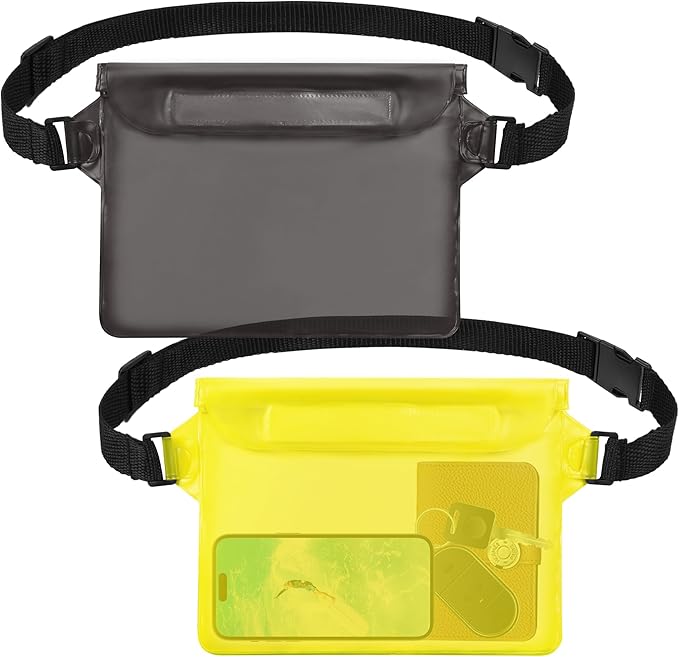 2-Pack Waterproof Pouch with Adjustable Waist Strap, Waterproof Dry Bag, Keeps Cell Phones and Valuables Safe and Dry, Perfect for Kayaking, Beach, Camping and Swimming (Black)
