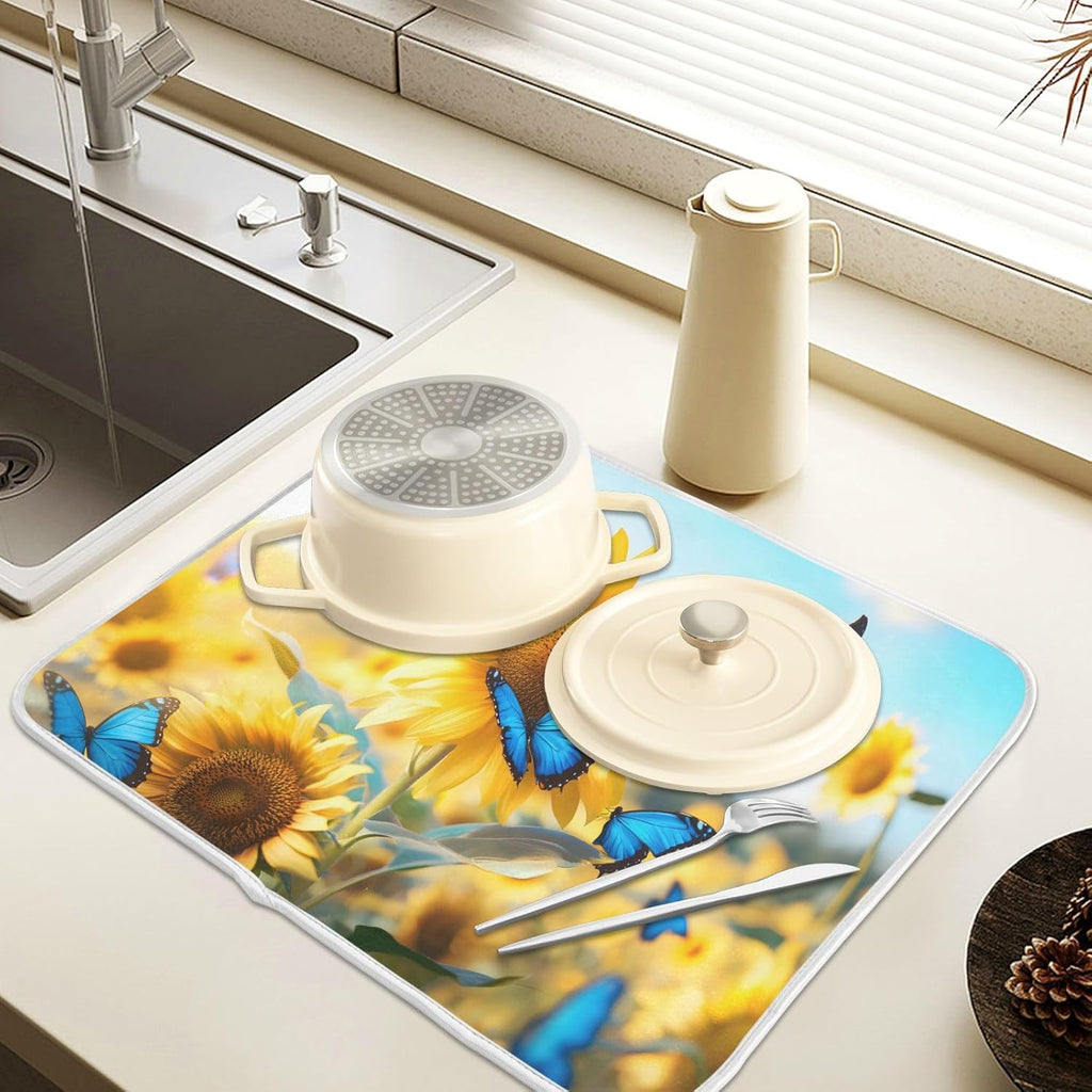 Blooming Sunflowers Blue Butterfly03 Dish Drying Mat for Kitchen Counter Absorbent Microfiber Small Drying Pad Dish mats for Kitchen Countertops 16 x 18 Inch