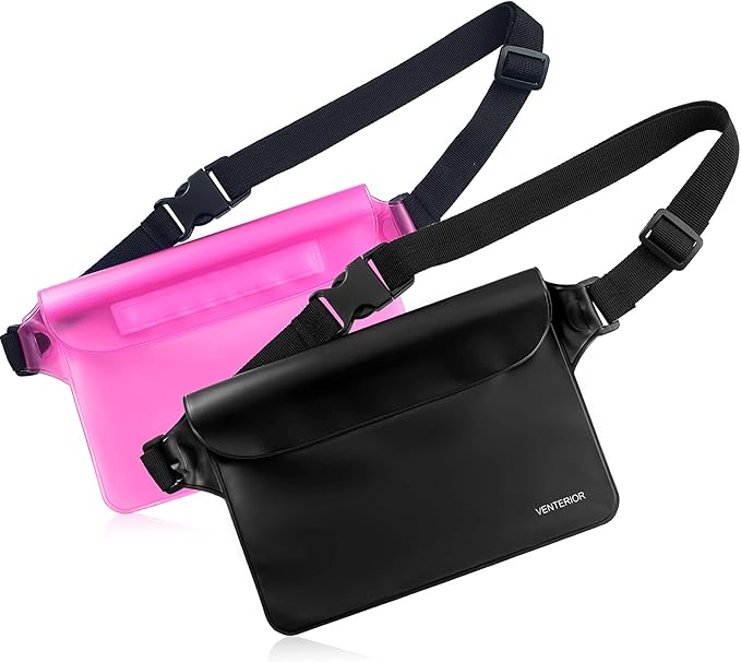 Waterproof Waist Pouch 2-Pack | Beach Accessories Fanny Pack for Swimming Snorkeling Sailing Kayaking Beach Pool Water Parks | Keep Your Phone Wallet Safe and Dry (White & Black)