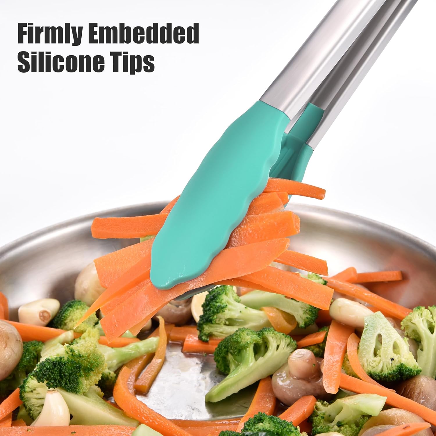 Doosu Kitchen Tongs for Cooking - 600°F Heat Resistant Food Tong with Non-Scratch Silicone Tips, Heavy Duty Stainless Steel Locking Tong for BBQ, Grilling Steak, Serving Salad, Pasta (16in, Aqua Sky)