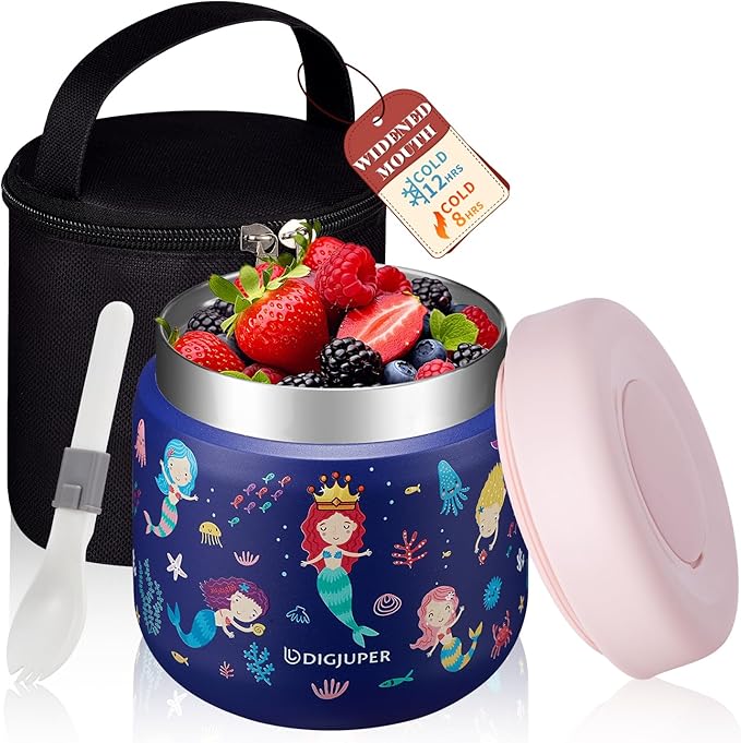 12oz Thermo for Hot Food - Cute Mermaid Girl Vacuum Wide Mouth Insulated Food Jar, Stainless Steel Lunch Storage Food Soup Container w/Insulated Bag & BPA-Free Folding Spoon for Toddler Kid