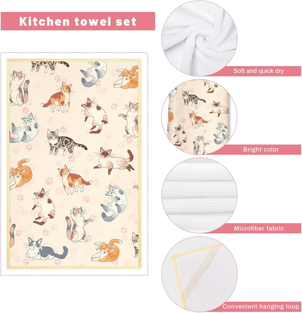 Cute Cat Kitchen Towels and Oven Mitts Set 4Pcs, Soft Absorbent Dish Cloth Heat Resistant Oven Gloves for Cooking Baking Kitchen Decoration, Gifts for Her