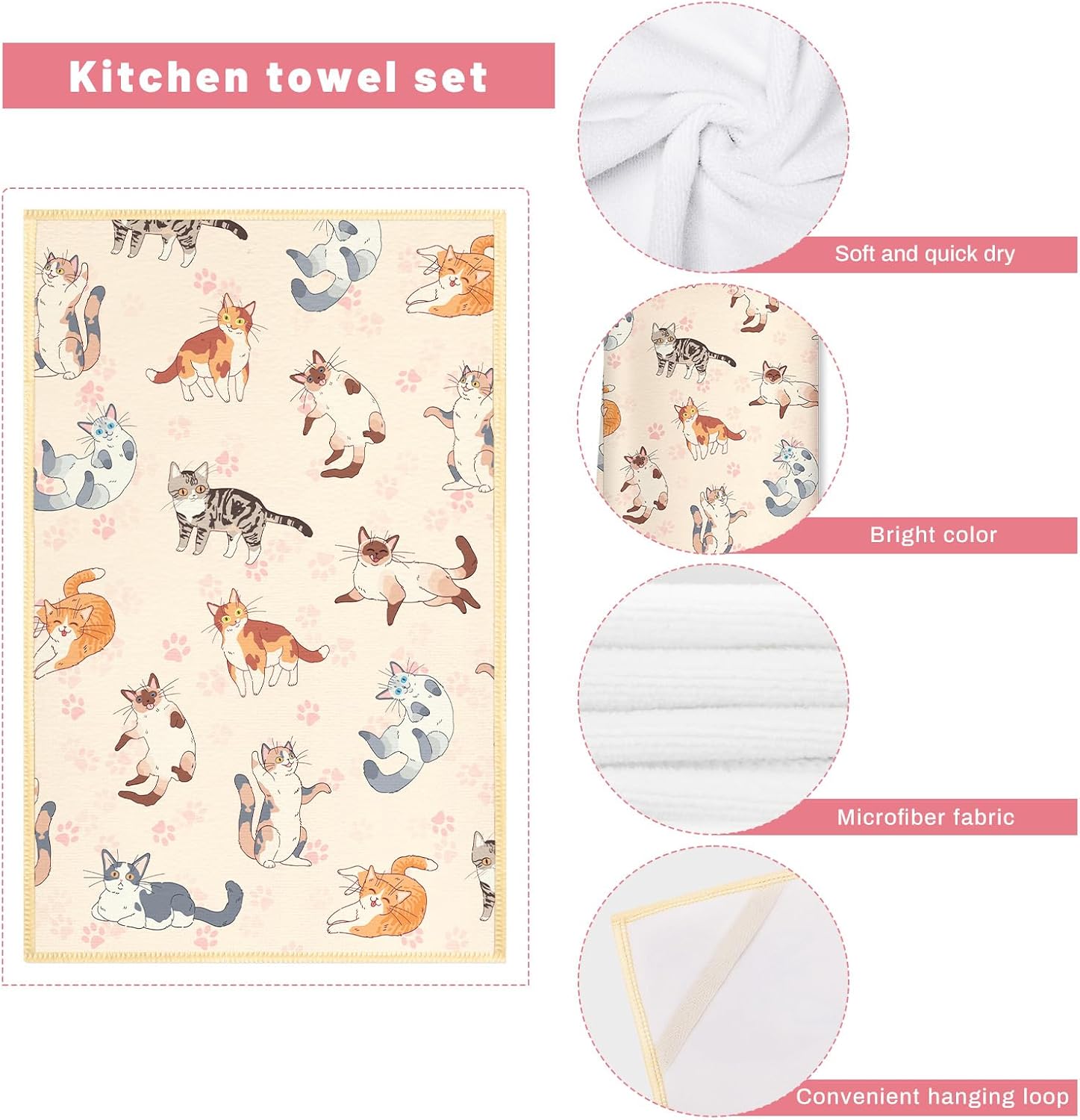 Cute Cat Kitchen Towels and Oven Mitts Set 4Pcs, Soft Absorbent Dish Cloth Heat Resistant Oven Gloves for Cooking Baking Kitchen Decoration, Gifts for Her