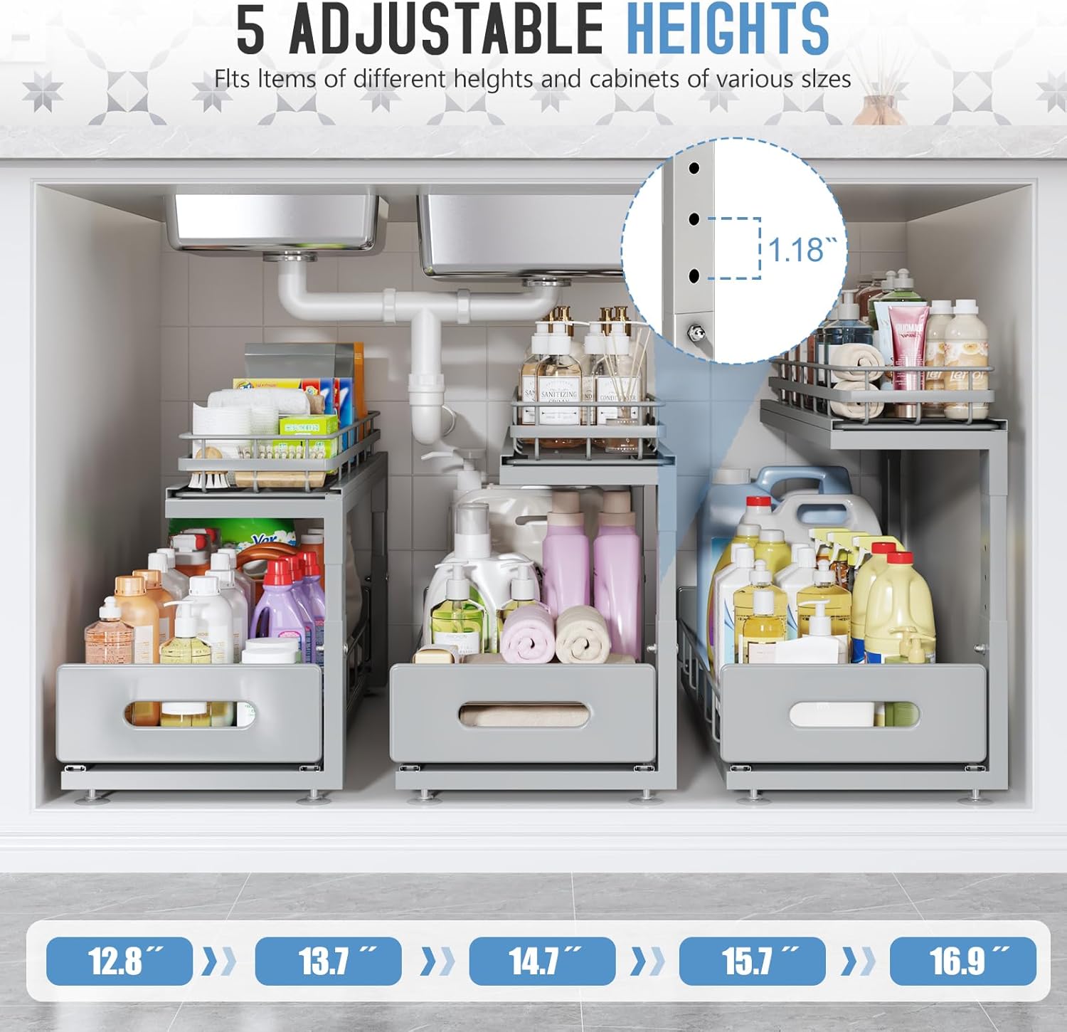 1 Pack Under Sink Organizer Upgrade to Professional Rails,2-Tier Dual Pull Out Cabinet Storage,Height Adjustable Slide Out Drawers for Bathroom Kitchen,Under Sink Shelf-Gun Gray