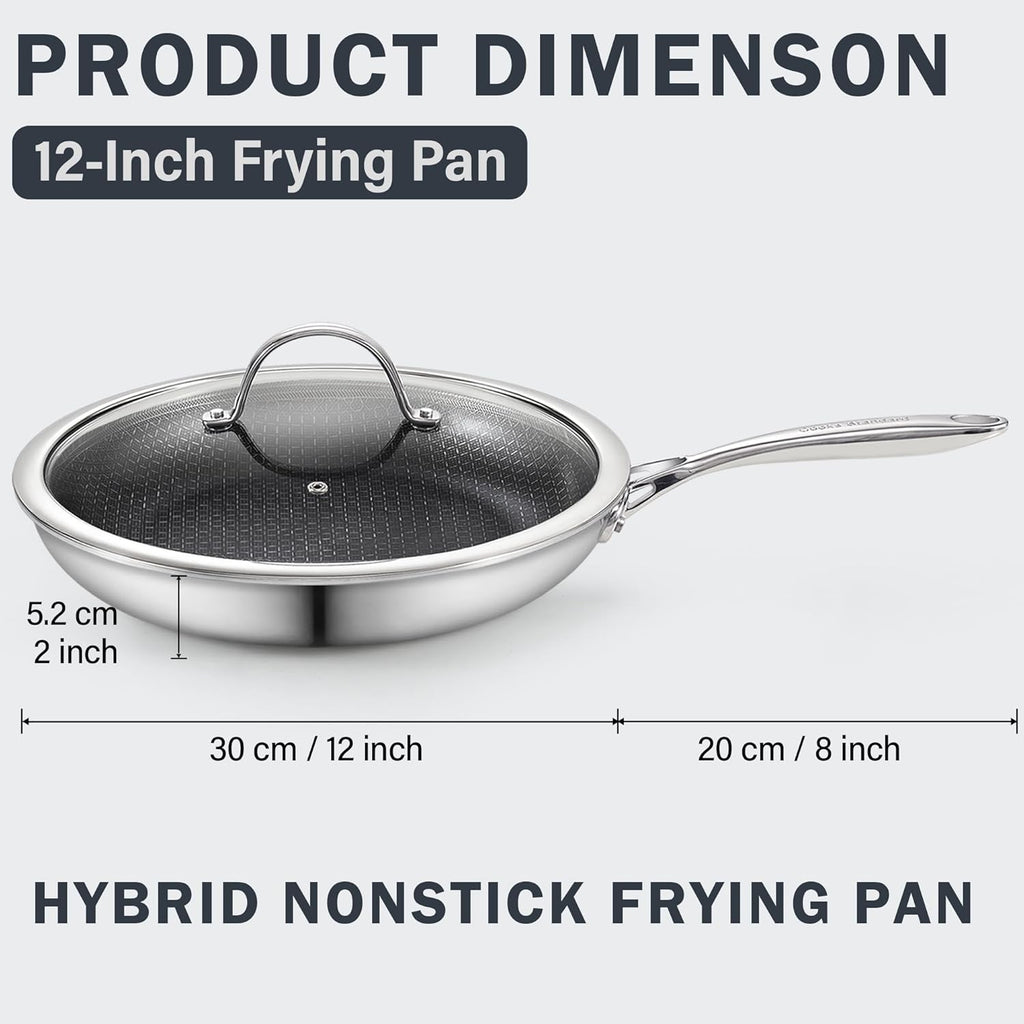 Cooks Standard Hybrid Nonstick Frying Pan, 12-Inch Skillet, Multi-Ply Clad Stainless Steel Fry Pan with Tempered Glass Lids, Oven Safe, Compatible with All Stovetops