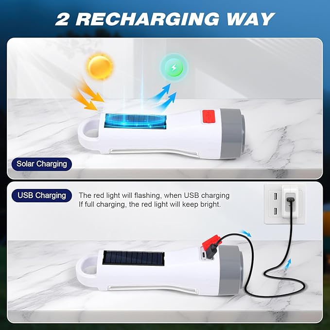 4 Pack Solar LED Flashlight for Power Outages, Rechargeable Camping Flashlights with High Lumens, 5 Modes, Powerful and Bright Tactical Flash Light for Emergency, Outdoor, Home Use