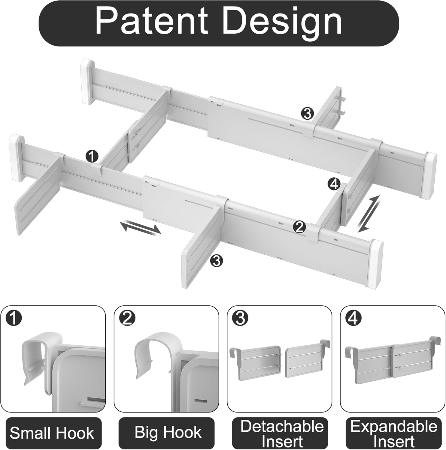 HiYZ Expandable Drawer Dividers with Inserts - Adjustable Drawer Organizers Separators for Kitchen, Bedroom, Dresser, Office, 3 Long Dividers(12.6-22.8 IN) with 6 Inserts(3.9-7.1 IN) - Gray