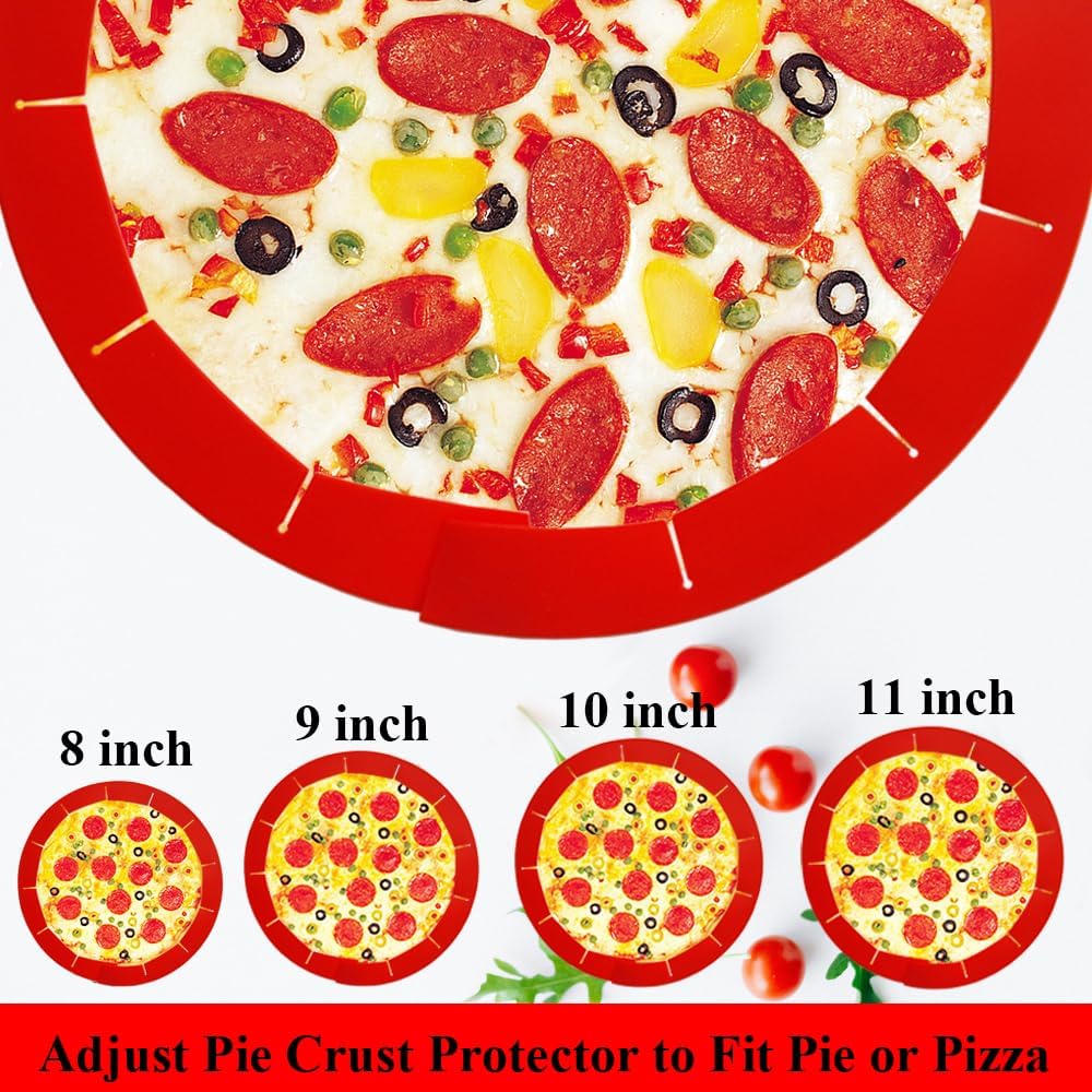 Adjustable Pie Crust Shields Baking Protectors, Silicone Cover Ring Fits 8-11.4 Inch Pies, Baking Pie Pizza Crust Shield Protector Cover for Edges (Red-2pcs)