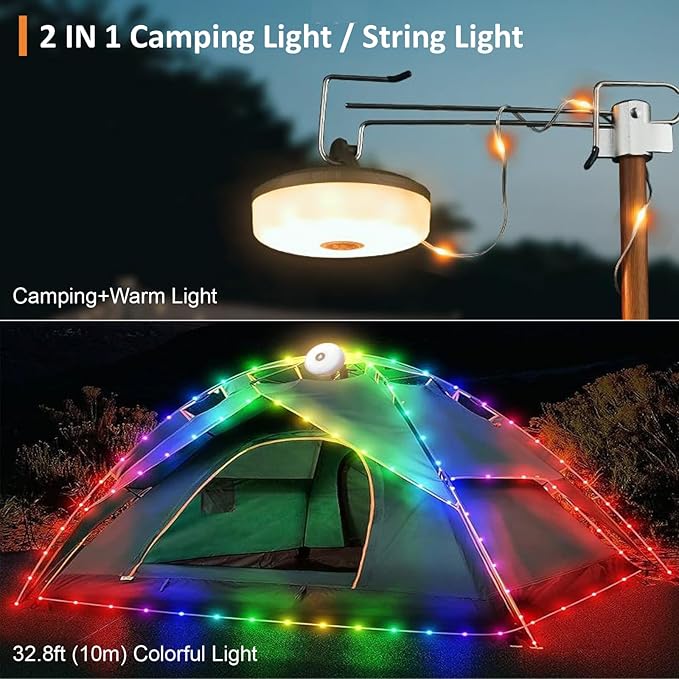2-Pack Camping String Lights, 4 in 1 Outdoor String Lights with 8 Lighting Modes, Quick Storage, USB Charging, Portable Camping Light Rechargeable, 32.8ft Waterproof Tent Light for Hiking,Christmas