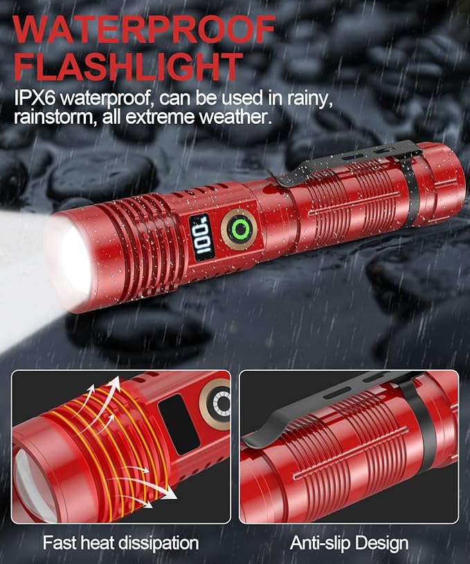 Rechargeable Flashlight High Lumens-12000LM Super Bright Magnetic Flash Light with Power Digital Display,3280Ft Long Range,Dimmable,Waterproof,Pocket LED Flashlights for Emergency Camping 2PC Red