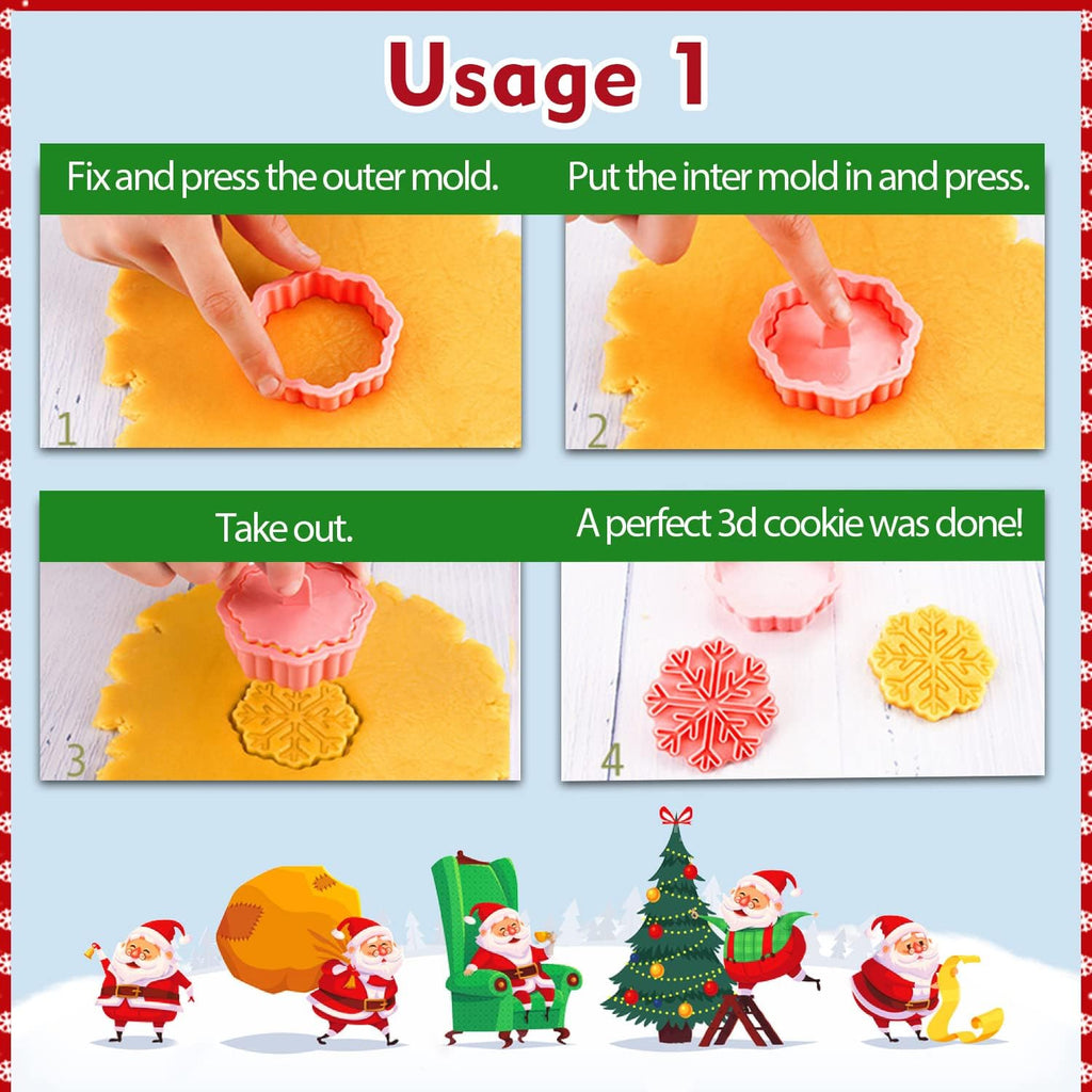 Leesgel Christmas Cookie Cutters, 3D Christmas Holiday Cookie Cutters Shapes with Santa/Xmas Tree/House/Deer, Christmas Party Decorations Ornaments