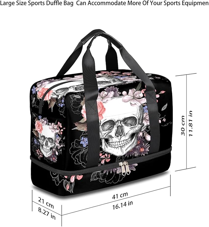 Skull Travel Duffel Bag, Floral Skull Weekender Overnight Bag Large Carry On Bag, Waterproof Sports Gym Bag Tote Workout Duffel Bag for Men Women