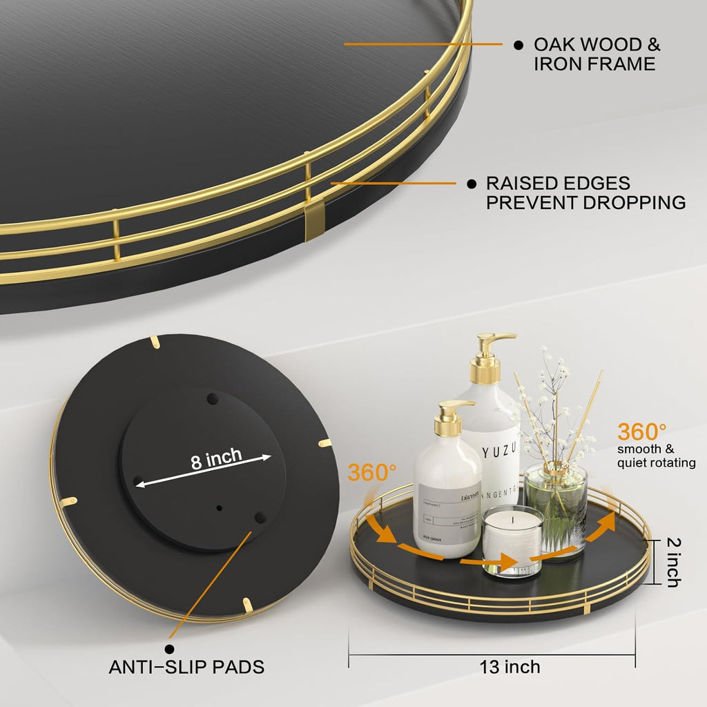 13" Oak Wood Bathroom Tray for Counter, Vanity Tray for Perfume Lotion Candle Makeup Jewelry Sink Soap Holder Turntable Dresser Organizer Countertop Coffee Table Decor Organization and Storage Gold