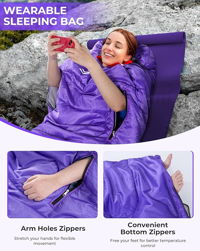 Sportneer Sleeping Bag - Wearable for Adults & Kids with Arm Zipper Holes in Cold & Warm Weather, Waterproof Portable Sleeping Bag for Camping, Hiking, Backpacking, Outdoor Travel