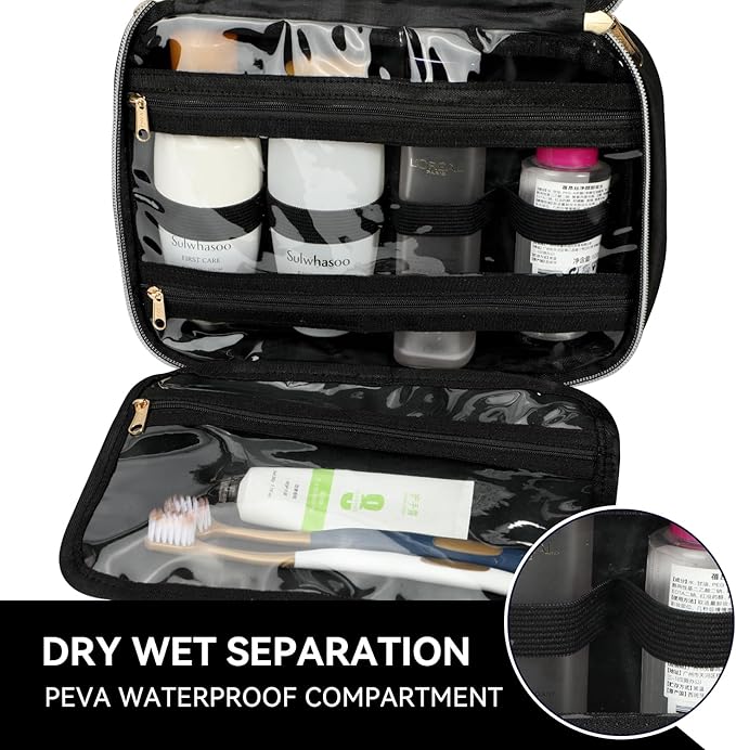 Voova Hanging Travel Toiletry Bag for Women Men, Waterproof Makeup Cosmetic Organizer Holder for Toiletries Accessories, Traveling Essentials,Shampoo,Full-Sized Container, Brushes Kit Set, Black