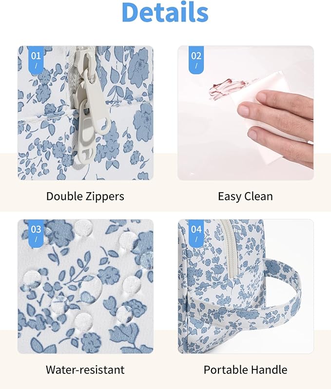 Narwey Clear Makeup Bag Cosmetic Bag with Zipper for Travel, Clear Toiletry Bags for Traveling Toiletries Women Men, Make Up Pouch with Handle, Skincare Bag (Little Blue Flower)