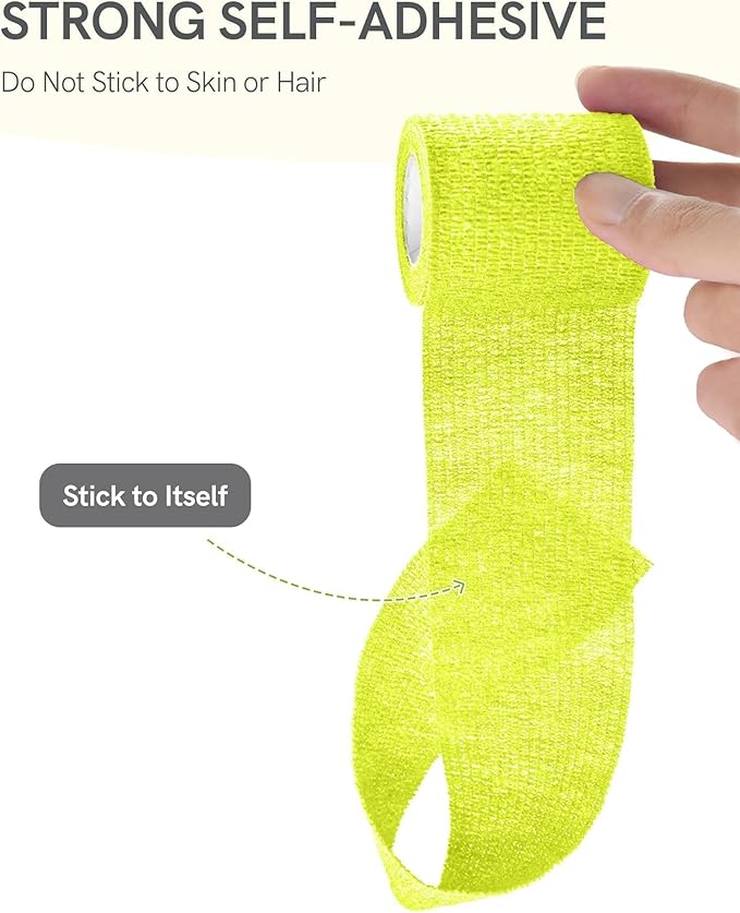 FriCARE Self Adhesive Bandage Wrap, Medical Tape in First Aid Kit, Cohesive Bandages for Wounds Sport Vet, FSA/HSA Eligible, 2 Inches X 5 Yards 6 Rolls, Fluorescent Yellow