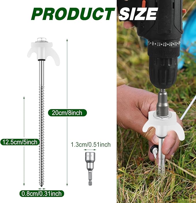 10 Pcs 8" Screw in Tent Stakes Heavy Duty Tent Stakes Drillable Ground Anchors Screw Metal Tent Pegs Threaded Tent Spikes with Head Driver for Swing Inflatable Decor (Illuminant White)