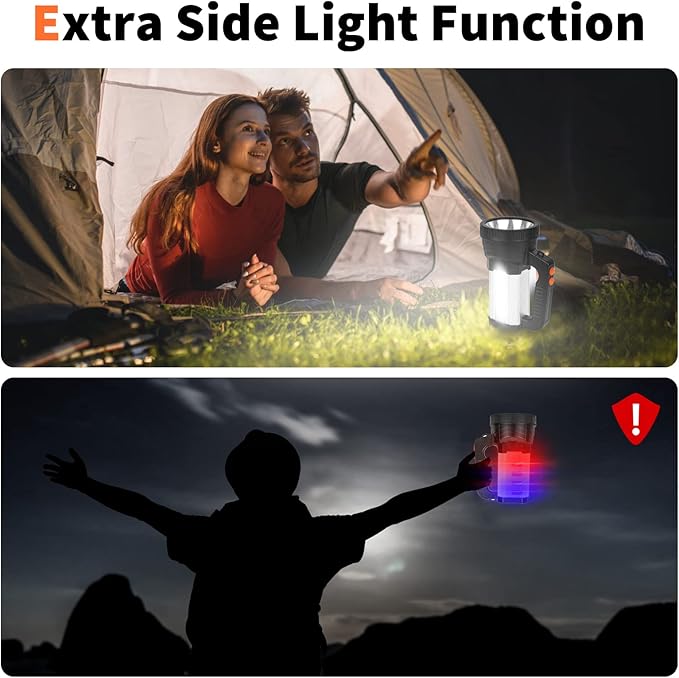 Superbright Handheld LED Spotlight Flashlight Powerful Searchlight USB Rechargeable Lantern Waterproof Tactical Torch Portable 6 Light Modes Side Floodlight (Yellow Light)