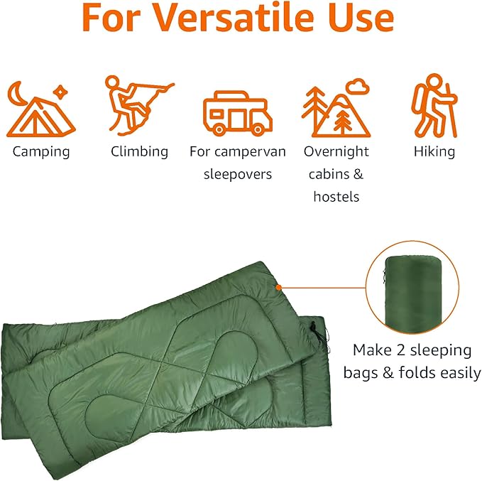 Amazon Basics 3-Season Durable Sleeping Bag for Adults, Olive Green, Queen, Ideal for Hiking