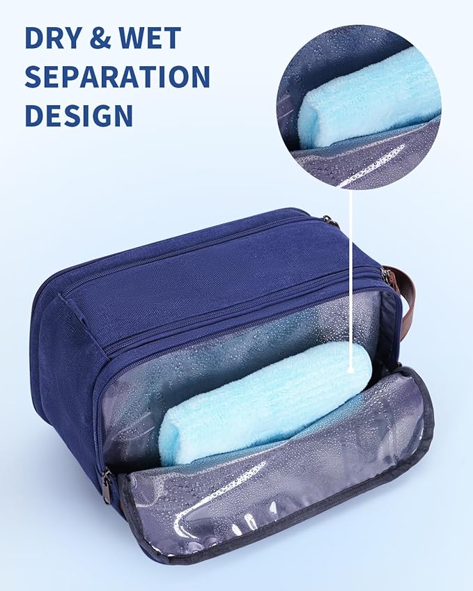 WANDF Toiletry Bag for Men Travel Toiletry Organizer Canvas and Leather Dopp Kit Water-Resistant Shaving Bag for Travel Accessories (Blue, Patent Pending)