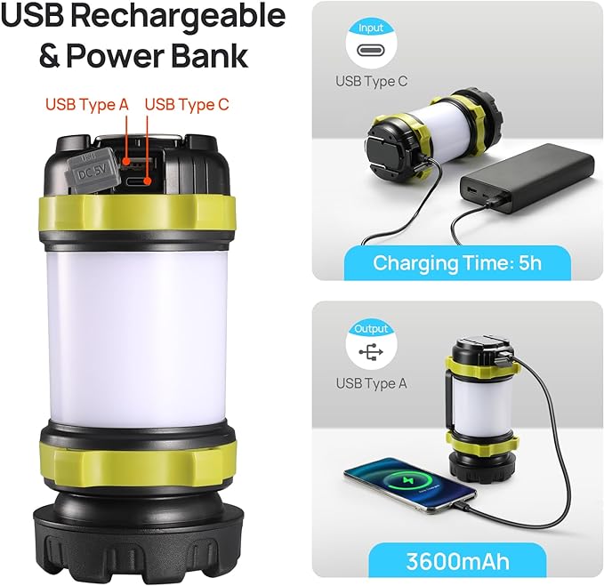 2 Pack LED Camping Lantern Flashlight Rechargeable, Consciot Portable Torch with 6 Light Modes, 3600mAh Power Bank, IPX4 Waterproof, USB C, Camping Lights for Hurricane, Emergency, Survival Kits
