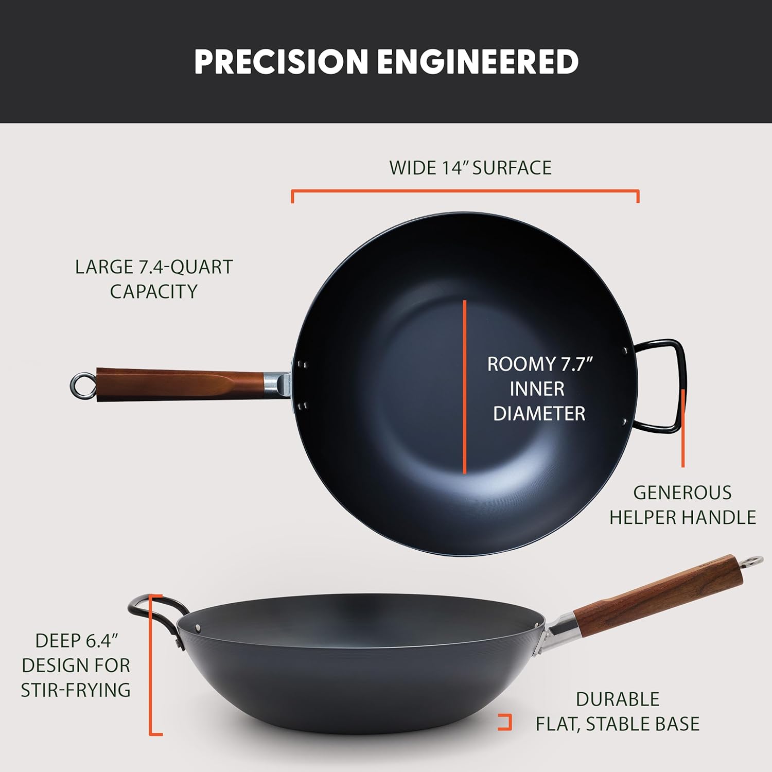 GreenPan Carbon Steel Wok 14”, Flat Bottom, Durable Stir-Fry Pan, Pre-Seasoned Nonstick Patina, High Heat Retention, Induction, Ash Wood Handle, Kyoto, Black